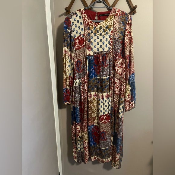 Zara bandana patchwork midi cotton dress fall colours L - Picture 2 of 7